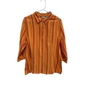 Fieldgear Shirt Size XL Striped Button Front 3/4 Sleeve Red Orange Cotton Preppy